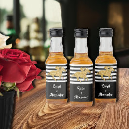 金ゴールドフェイクグリッターレースホースオンブラックストライプミニ リキュールボトルラベル