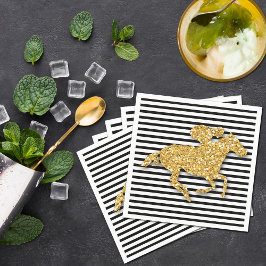 金ゴールドフェイクグリッターレースホースブラック&ホワイトストライプズ スタンダードカクテルナプキン