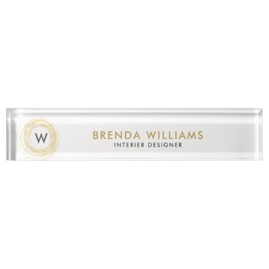 金ゴールドフェイクグリッター円のロゴ デスクネームプレート (正面)