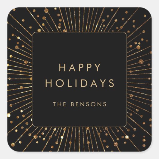 金ゴールドフェイクグリッター日が差すことハッピーホリデイズスクエア スクエアシール (正面)
