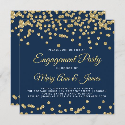 金ゴールドフェイクグリッター紙吹雪婚約パーティ海軍 招待状 (正面/裏面)