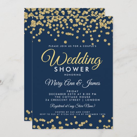 金ゴールドフェイクグリッター紙吹雪海軍カップルのシャワー 招待状 (正面/裏面)
