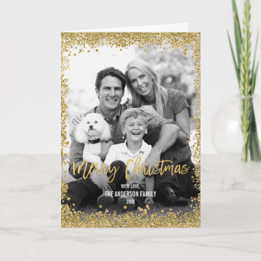 金ゴールドフェイクグリッター縁どのクリスマス写真が折り畳まれる シーズンカード (正面)