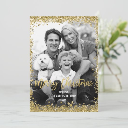 金ゴールドフェイクグリッター縁どクリスマスホリデーフォト シーズンカード (スタンド正面)
