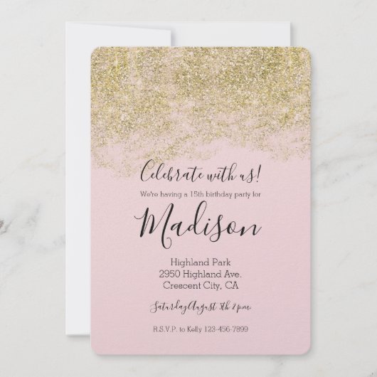 金ゴールドフェイクグリッター赤面ピンクスパークル 招待状 (正面)