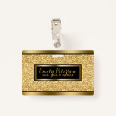 金ゴールドフェイクグリッター金ゴールドと黒アクセント バッジ (裏面クリップ)