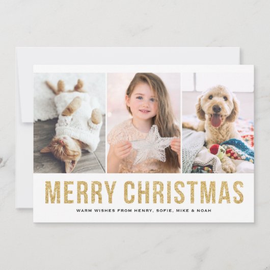 金ゴールドフェイクグリッター3枚の写真コラージクリスマス シーズンカード (正面)
