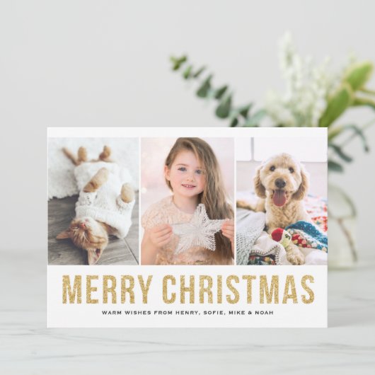 金ゴールドフェイクグリッター3枚の写真コラージクリスマス シーズンカード (スタンド正面)