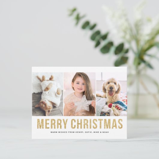 金ゴールドフェイクグリッター3枚の写真コラージクリスマス シーズンポストカード (スタンド正面)