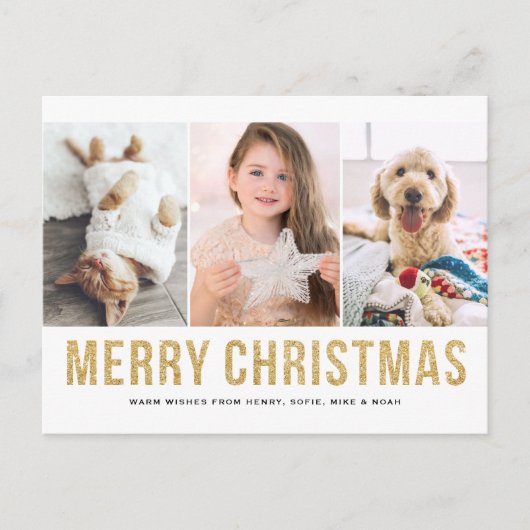 金ゴールドフェイクグリッター3枚の写真コラージクリスマス シーズンポストカード (正面)