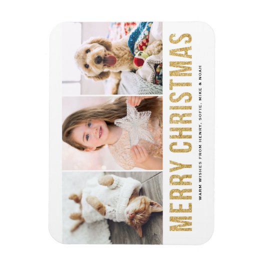 金ゴールドフェイクグリッター3枚の写真コラージクリスマス マグネット (縦)