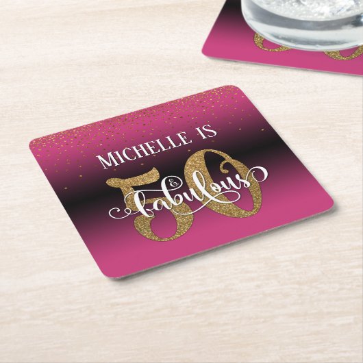 金ゴールドフェイクグリッター50と素晴らしいピンクグラデーション色 スクエアペーパーコースター (アングル)