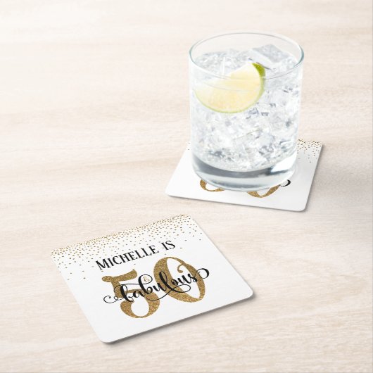 金ゴールドフェイクグリッター50と素晴らしいホワイト誕生日 スクエアペーパーコースター (インサイチュ)