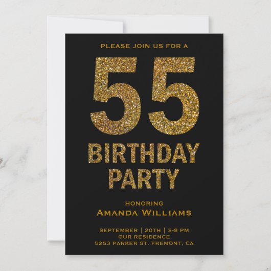 金ゴールドフェイクグリッター55th誕生日パーティーへの招待 招待状 (正面)