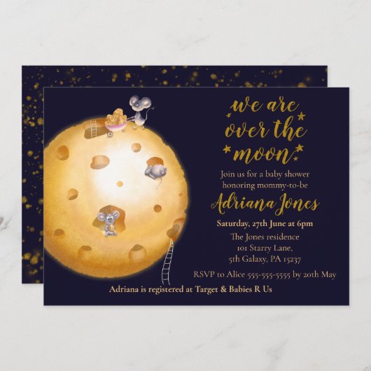 金ゴールドフェイクグリッター，チーズで作った月とかわいいネズミ 招待状 (正面/裏面)
