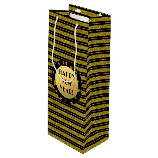 金ゴールドフェイクグリッター、ハッピーニューイヤーワイン、光沢 ワインギフトバッグ (正面アングル)