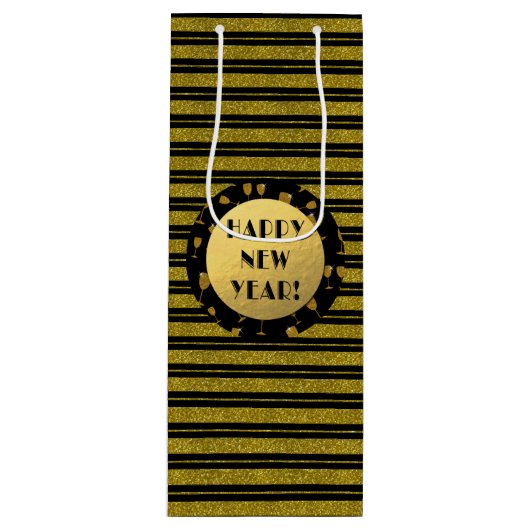 金ゴールドフェイクグリッター、ハッピーニューイヤーワイン、光沢 ワインギフトバッグ (正面)