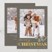 金ゴールドフェイクグリーンメリークリスマスホリデーフォトカード シーズンカード (正面/裏面)