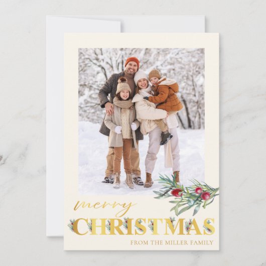 金ゴールドフェイクグリーンメリークリスマスホリデーフォトカード シーズンカード (正面)
