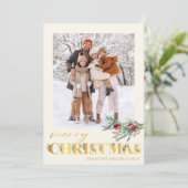 金ゴールドフェイクグリーンメリークリスマスホリデーフォトカード シーズンカード (スタンド正面)