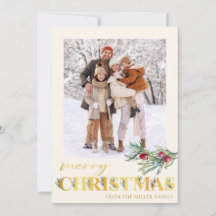 金ゴールドフェイクグリーンメリークリスマスホリデーフォトカード