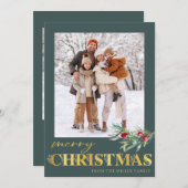 金ゴールドフェイクグリーンメリークリスマスホリデーフォトカード シーズンカード (正面/裏面)