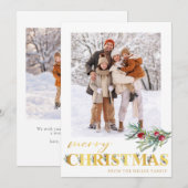 金ゴールドフェイクグリーンメリークリスマスホリデーフォトカード シーズンカード (正面/裏面)