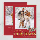 金ゴールドフェイクグリーンメリークリスマスホリデーフォトカード シーズンカード (正面/裏面)