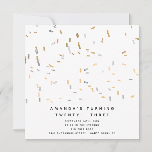 金ゴールドフェイクシルバモダンンドスプレイスメントアダルト誕生日 招待状 (正面)