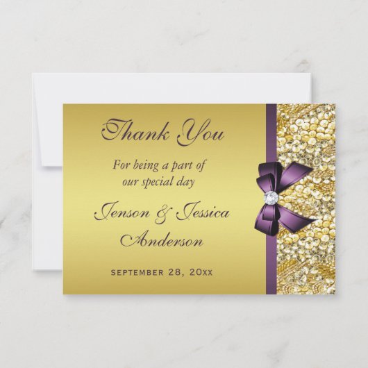 金ゴールドフェイクシーキンズダイヤモンズパープルボウサンキュー サンキューカード (裏面)