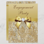 金ゴールドフェイクシークインとボウ婚約パーティ 招待状 (正面/裏面)