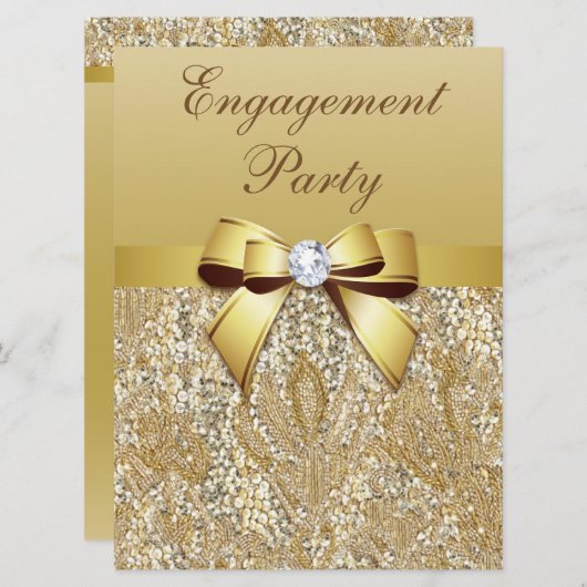 金ゴールドフェイクシークインとボウ婚約パーティ 招待状 (正面/裏面)