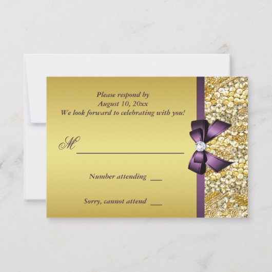 金ゴールドフェイクシークインダイアモンズパープルボウRSVP 出欠カード (裏面)