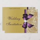 金ゴールドフェイクシークインパープルボウ結婚ズ 招待状 (正面/裏面)