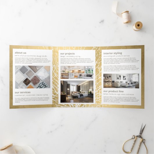 金ゴールドフェイクシーファン珊瑚模様デザイナーパンフレット 三つ折りカード (内部)