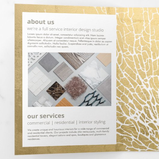 金ゴールドフェイクシーファン珊瑚模様デザイナーパンフレット 三つ折りカード (内部最初)