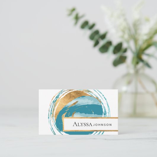 金ゴールドフェイクシールブルーグリーンアースグローブ 名刺 (スタンド正面)
