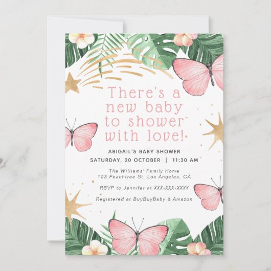 金ゴールドフェイクスター/ピンクバタフライガールベビーシャワー 招待状 (正面)