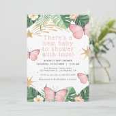 金ゴールドフェイクスター/ピンクバタフライガールベビーシャワー 招待状 (スタンド正面)