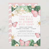 金ゴールドフェイクスター/ピンクバタフライガールベビーシャワー 招待状 (正面/裏面)