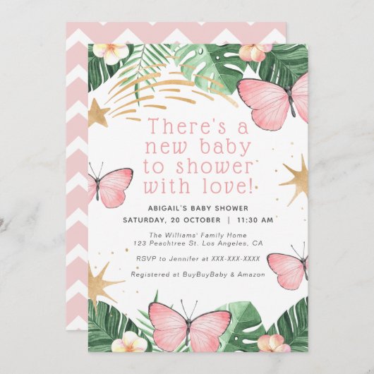 金ゴールドフェイクスター/ピンクバタフライガールベビーシャワー 招待状 (正面/裏面)