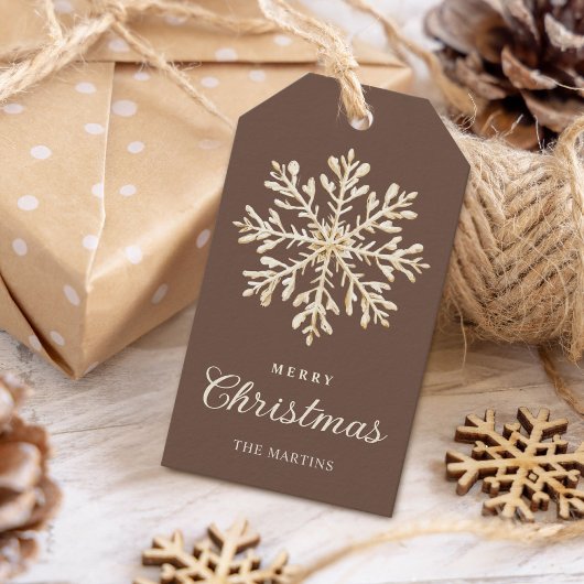 金ゴールドフェイクスノーフレークブラウンカスタムホリデー ギフトタグ