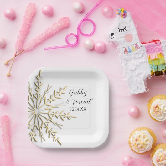 金ゴールドフェイクスノーフレーク冬の結婚式 ペーパープレート (パーティー)