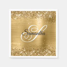 金ゴールドフェイクスパークリーグリッター及びフォイルファンシーモノグラム スタンダードカクテルナプキン