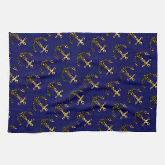 金ゴールドフェイクスパークルグリッターいかり模様ネイビーブルー キッチンタオル (横)