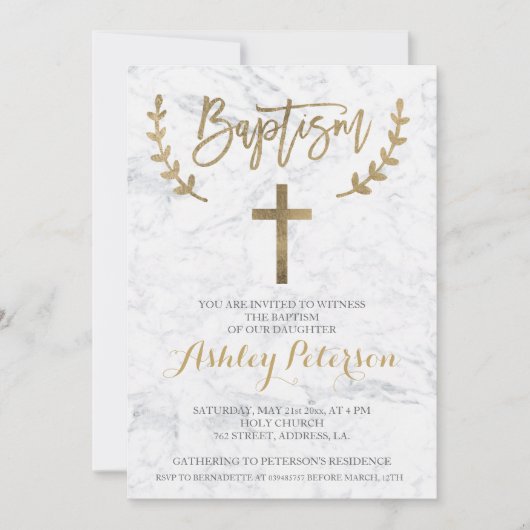 金ゴールドフェイクタイポグラフィ大理石バプテスマ 招待状 (正面)