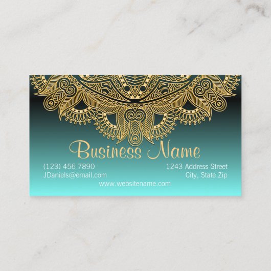 金ゴールドフェイクトレンディーマンダラモチーフonティール（緑がかった色）ブルーグリーン 名刺 (裏面)
