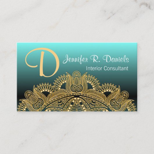 金ゴールドフェイクトレンディーマンダラモチーフonティール（緑がかった色）ブルーグリーン 名刺 (正面)