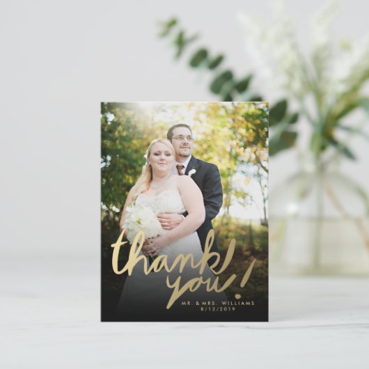 金ゴールドフェイクハンドスクリプト写真ありがとうはがき ポストカード (スタンド正面)