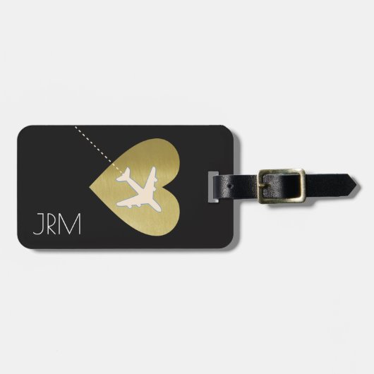 金ゴールドフェイクハートラブフライトタベル ラゲッジタグ (正面横)